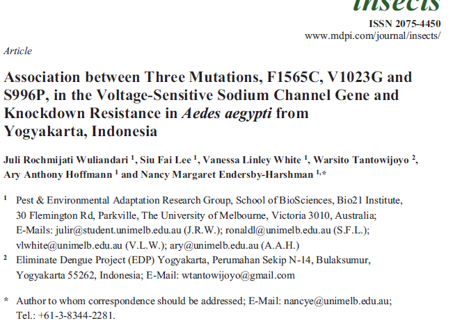  Association between Three Mutations, F1565C, V1023G and S996P, in the Voltage-Sensitive Sodium Channel Gene and Knockdown Resistance in Aedes aegypti from Yogyakarta, Indonesia