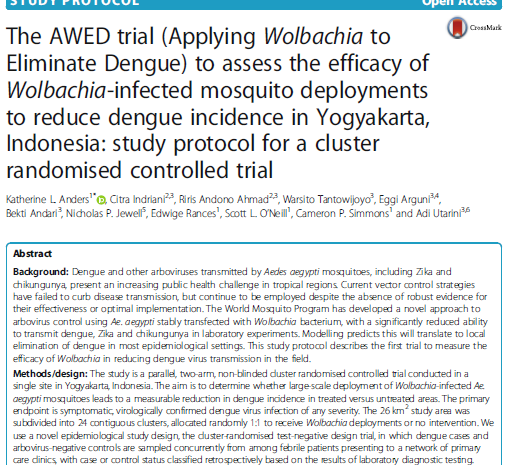  The AWED trial (Applying Wolbachia to Eliminate Dengue) to assess the efficacy of Wolbachia-infected mosquito deployments to reduce dengue incidence in Yogyakarta, Indonesia