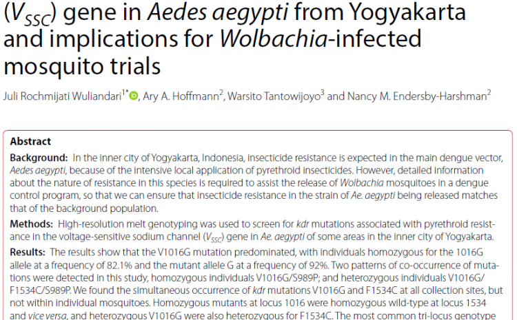  Frequency of kdr mutations in the voltage-sensitive sodium channel (VSSC) gene in Aedes aegypti from Yogyakarta and implications for Wolbachia-infected mosquito trials
